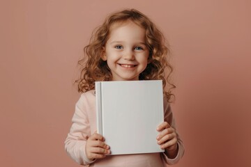 Fototapeta na wymiar Child is holding a mockup of a white book