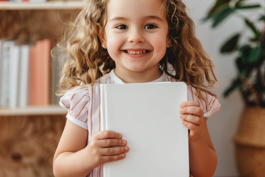 Child is holding a mockup of a white book