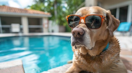 Generative AI, cute funny big dog in sunglasses at the swimming pool, luxury summer resort