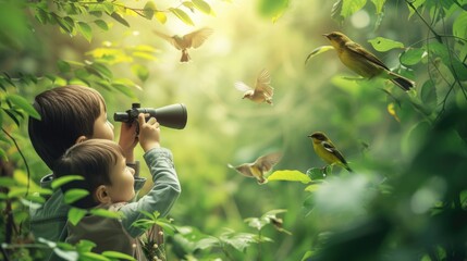 young explorers use binoculars to observe a colorful bird, immersed in the vibrant foliage of a dense forest. AIG41
