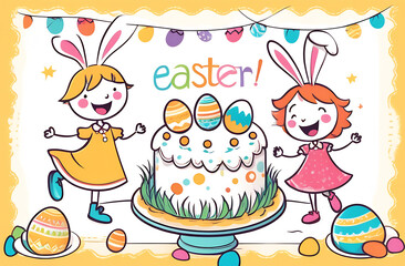Obraz premium Illustration, postcard, girls with bunny ears dancing around Easter cake. There is text