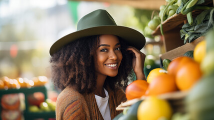 A Latina woman in a straw hat stands behind a fruit and vegetable counter. Woman selling vegetables.