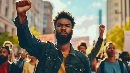 African American man marching in protest with a group of protestors with their fist raised in the air as a sign of unity for diversity and inclusion - obrazy, fototapety, plakaty