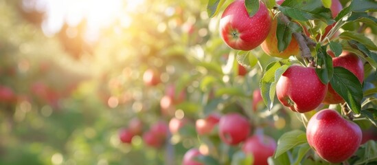 Obraz premium Beautiful ripe red apples hanging on a lush green tree in a sunny orchard
