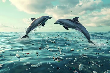 The concept of pollution of nature, human health, human carelessness and irresponsibility towards the environment. Two dolphins jump out of the ocean water which is covered with plastic waste. - obrazy, fototapety, plakaty