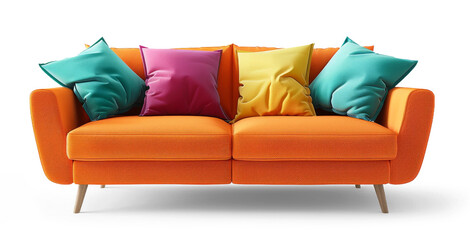 Sofa with colored cushions on a white or transparent background