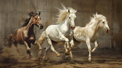 Fototapeta na wymiar Unusual fairytale running horses in a dynamo