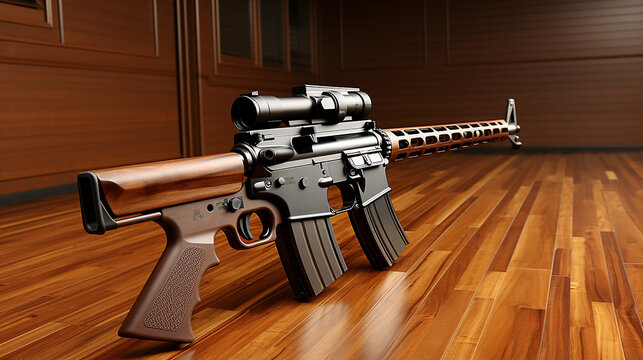 automatic carbine on the wooden floor photo