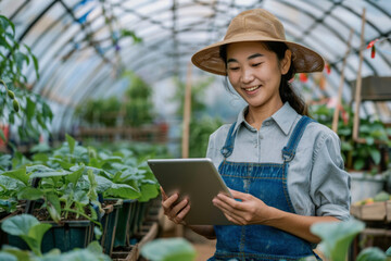 Fototapeta premium female farmer using tablet in greenhouse