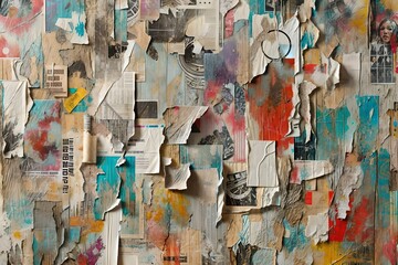 a collage of torn posters and paper on a wall. abstract painting.