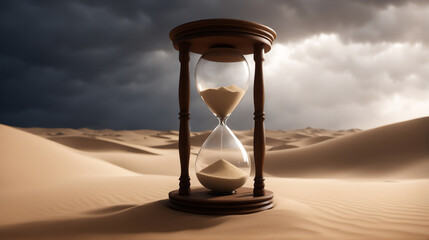 Wooden hourglass on desert sands with stormy sky - Generative AI - obrazy, fototapety, plakaty