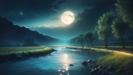 River with the moon. fantasy landscape illustration - obrazy, fototapety, plakaty