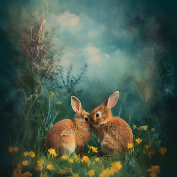 vintage lovley couple rabbits in the grass