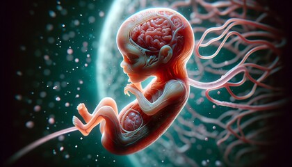 Little human baby inside mother womb. Small embryo in uterus. 3d visualization fetal growth restriction for medical and study