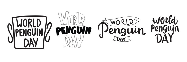 Collection World Penguin Day text banner handwriting in black color. Hand drawn vector art