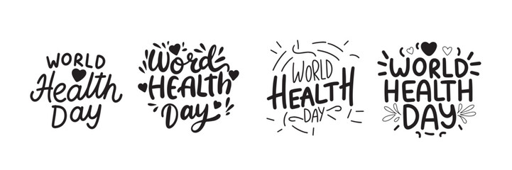 Collection World Health Day text banner handwriting in black color. Hand drawn vector art