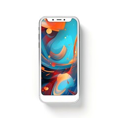 Smartphone with vibrant abstract wallpaper on screen, isolated on white background