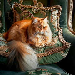 rudy kot siedzący na fotelu  - obrazy, fototapety, plakaty