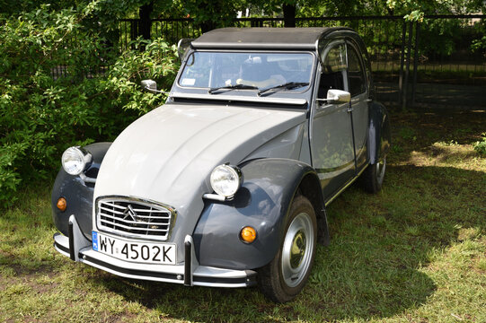 Citroen 2CV6 vintage grey car. Annual gathering of vintage Citroens. WARSAW, POLAND - MAY 18, 2019