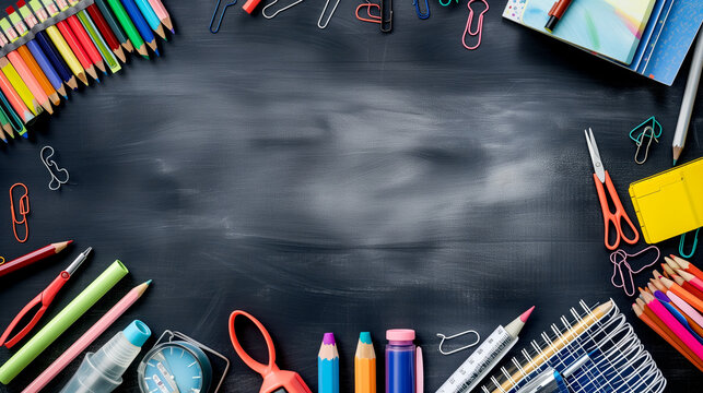 Black Table with Many School Supplies, Background, Chalkboard