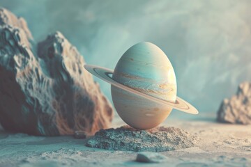 Creative Easter egg 3D render. Planet Saturn egg concept. Minimal holiday contemporary art idea or inspiration.
