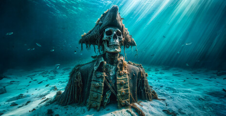 The spooky skeleton of a swashbuckling pirate captain dressed in ornate jacket and tricorn hat resting at the bottom of the ocean. 
