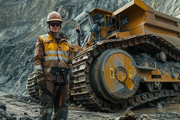 A mining worker standing proudly in front of a massive dozer, wearing a reflective safety vest and hard hat