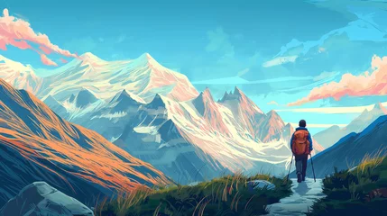 Poster An illustration in landscape orientation, which shows a man with a backpacker walking along a path in the mountains © Nastya