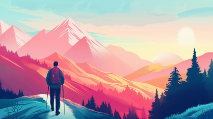 Fototapeta premium An illustration in landscape orientation, which shows a man with a backpacker walking along a path in the mountains