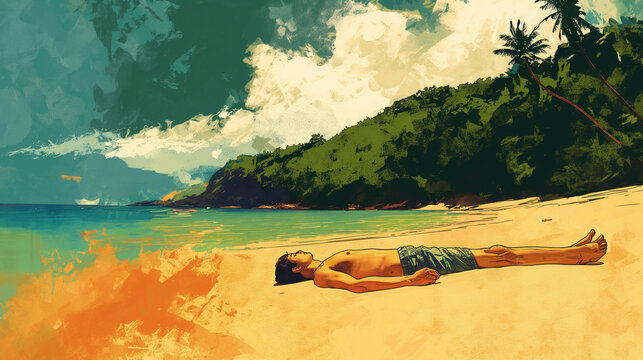 An illustration in landscape orientation, which shows a man lying on the sand on a green beach
