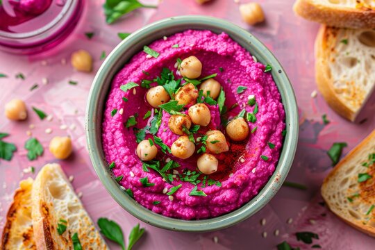 Appetizing beetroot hummus topped with chickpeas and herbs on a table