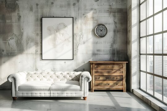 A minimalist loft living room interior design featuring a rustic cabinet positioned near a white tufted sofa against a concrete wall adorned with an art poster