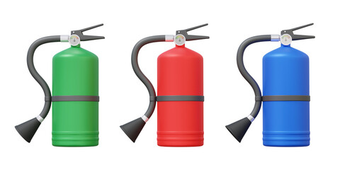 Three fire extinguisher green, red, blue isolated on transparent background. burning hot danger emergency, safety object. 3d render illustration