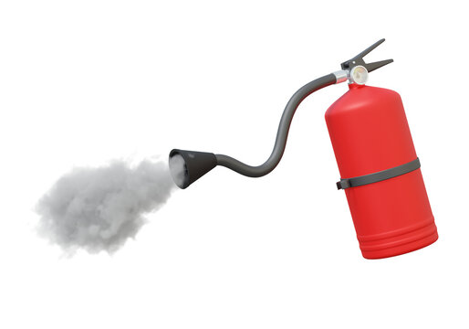Red fire extinguisher blow smoke isolated on transparent background.  Burning hot danger emergency, safety object, help. 3d render illustration