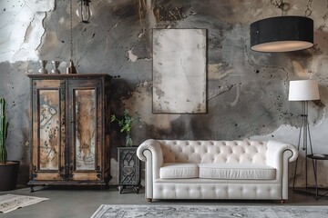 A minimalist loft living room interior design featuring a rustic cabinet positioned near a white tufted sofa against a concrete wall adorned with an art poster