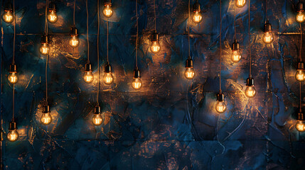 Wall decorated with glowing light bulbs background
