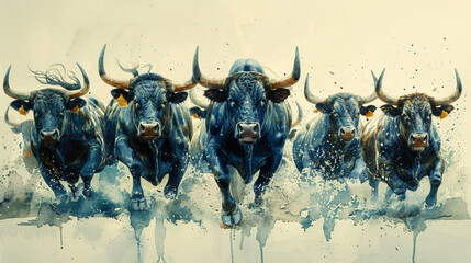 Watercolor drawing of a group of bulls running