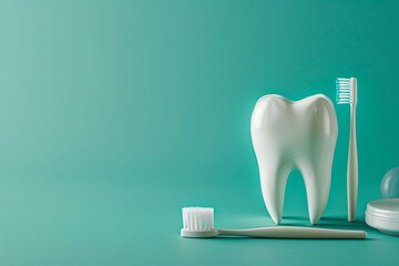 Dental tools and toothbrush on green background. World Dentist Day