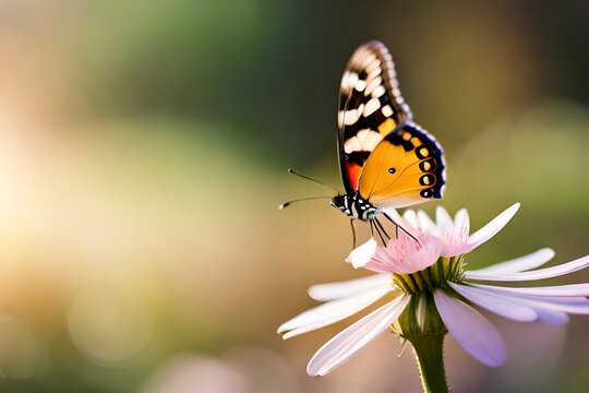 butterfly on a flower, blurred background, macro photography created with generative ai technology