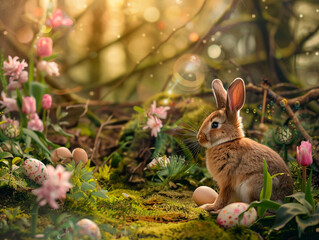 Easter forest with bunny and copy space. Ai generated