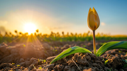 Young Tulip Sprout in Sunlit Field - obrazy, fototapety, plakaty