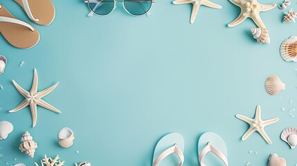 A creative and eye-catching summer concept featuring a minimalistic arrangement of beach essentials on a pastel blue background - obrazy, fototapety, plakaty