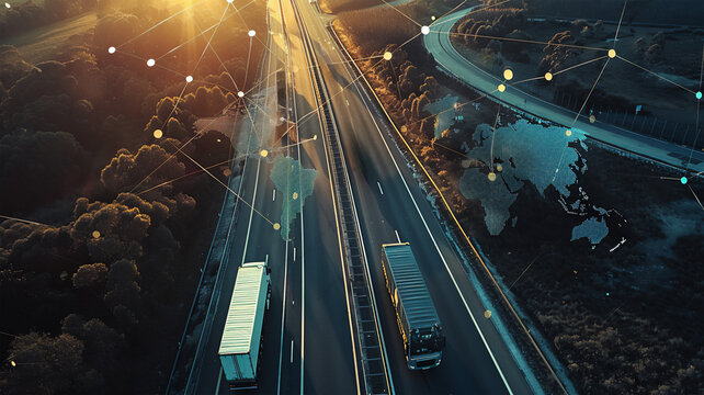 A double exposure, an overhead view of a highway with trucks driving on it, an illustration of smart logistics with a world map with dots and lines. Generative AI