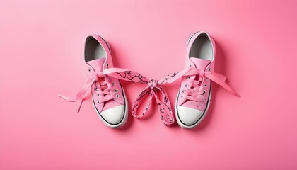Shoes tied together on pink background, flat lay with space for text. April Fool's Day created with generative i.