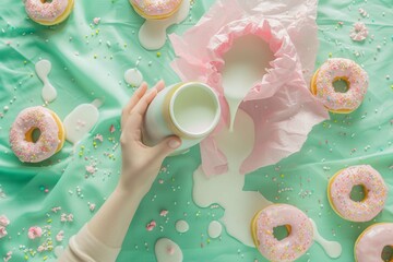 Food pop art photography. Female hands sticking out pink paper, pouring, spilling milk into cup....