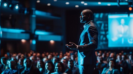 A compelling image capturing the essence of a businessman motivational speaker delivering a powerful speech on success to a diverse audience - obrazy, fototapety, plakaty