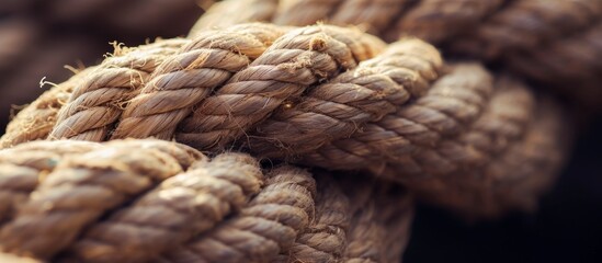Detailed close up of a thick rope with intricate knots and textures in natural light