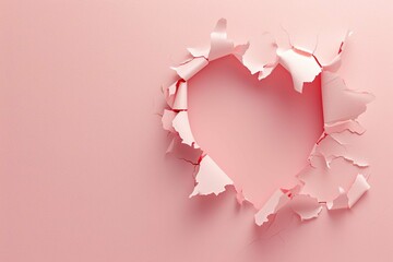 Heart-shaped hole on pastel pink background. Creative copy space. Aesthetic concept of folling in love.