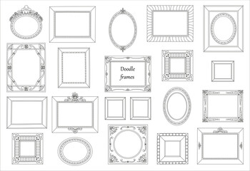 A big set of decorative frames of various shapes for your gallery of paintings, text or quotes, mirrors. Classic ornament, Beautiful shape. retro design, line style, Hand drawn vector illustration