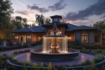 Home exterior with water fountain at night / twilight. - obrazy, fototapety, plakaty